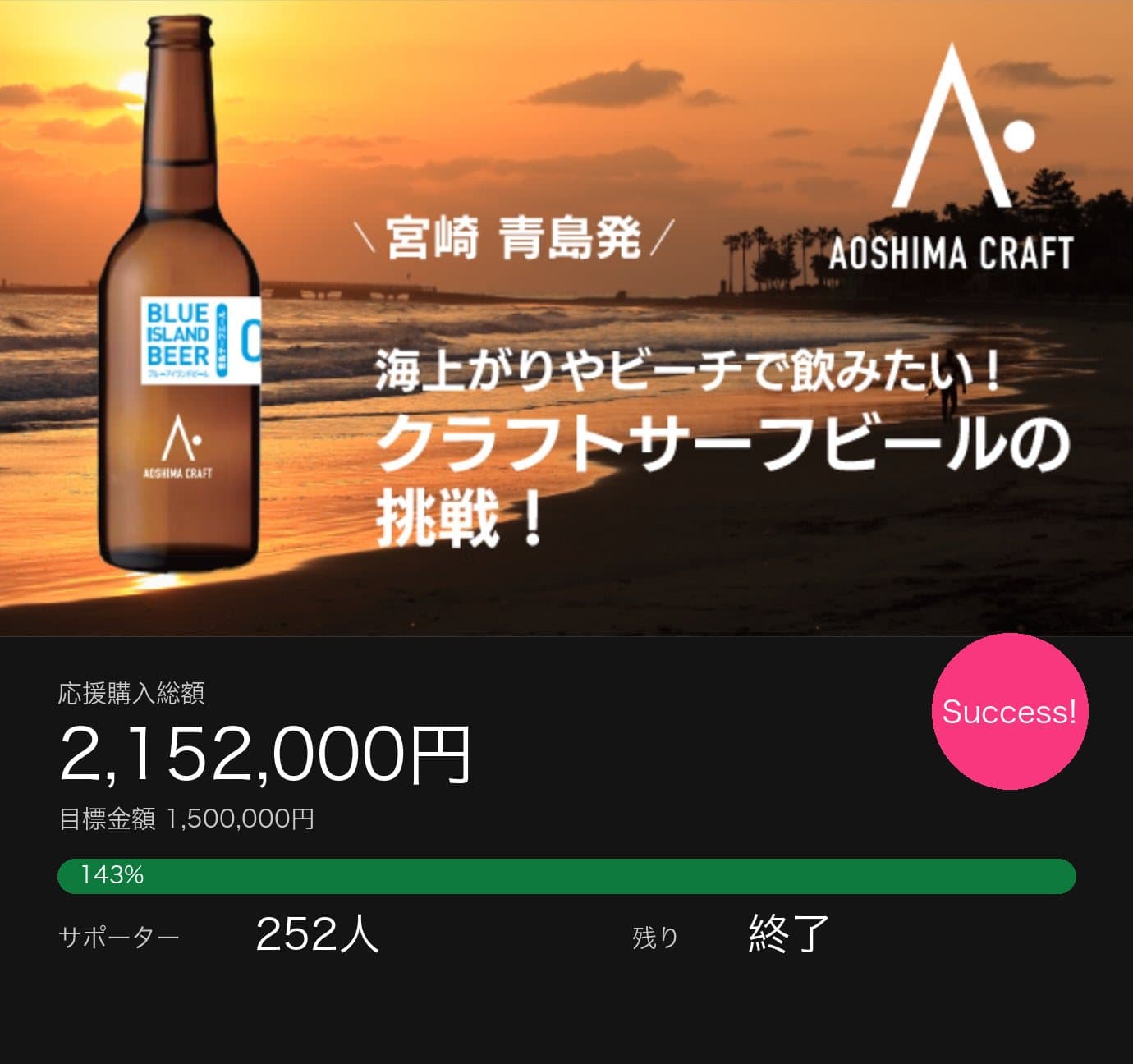 宮崎・青島発クラフトビールの応援購入プロジェクト(目標を上回る応援購入を達成)