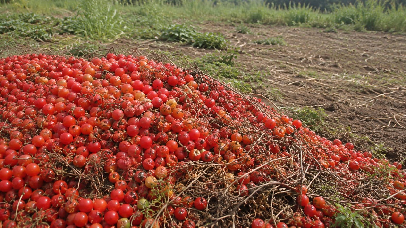 畑に積み上げられた大量の規格外トマト