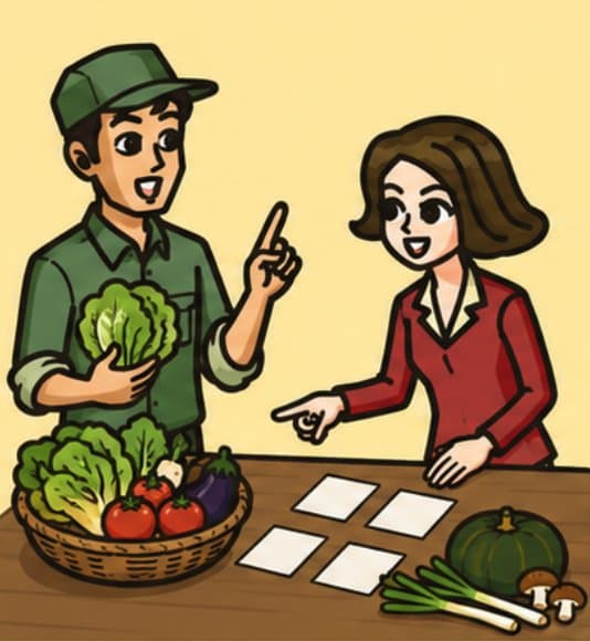 生産者と事務局が野菜を前に課題を整理するイラスト