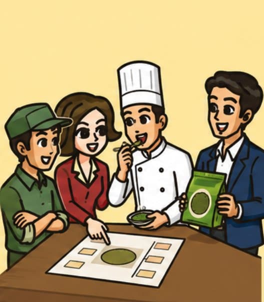 試作品を味見しながら企画書を確認するイラスト