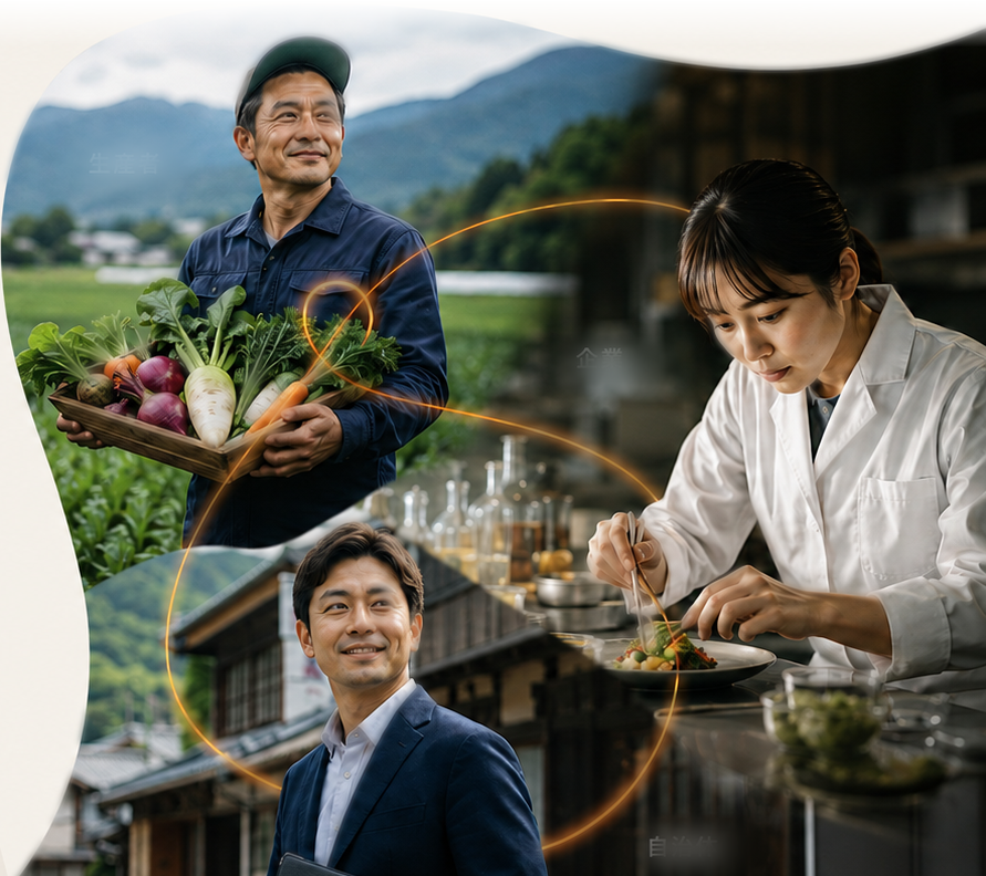 生産者、企業、自治体が食の共創でつながる様子