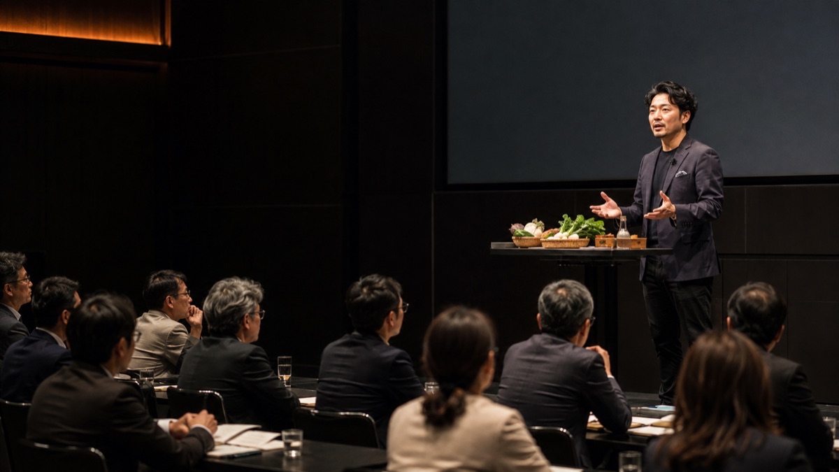 会場のステージで登壇者が食材を前に話し、着席した参加者が聞いている様子