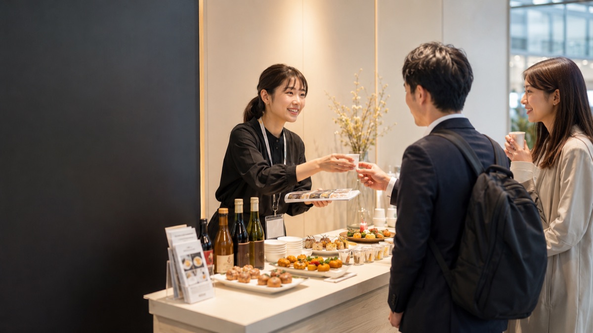 試食・試飲ブースで、担当者が来場者に試飲を手渡している様子
